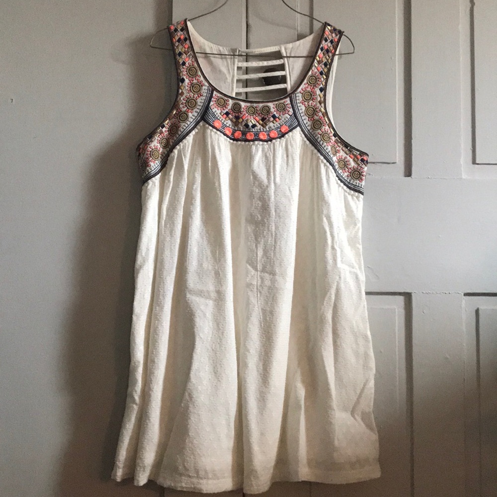 Anthropologie White Mini Dress with Multicolor Embroidered Yoke
